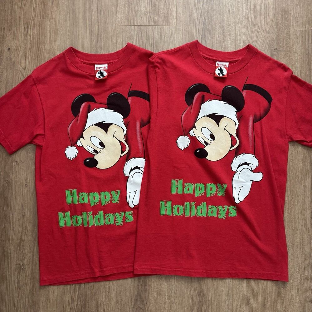 Vintage 90s Lot Of 2 Disney Mickey Happy Holidays Christmas Size M Shirts Red